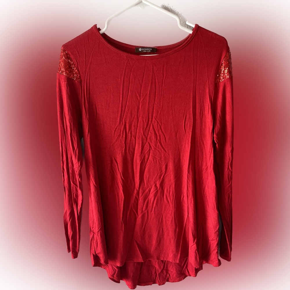 Long sleeve red top with sequins near shoulders. Size small